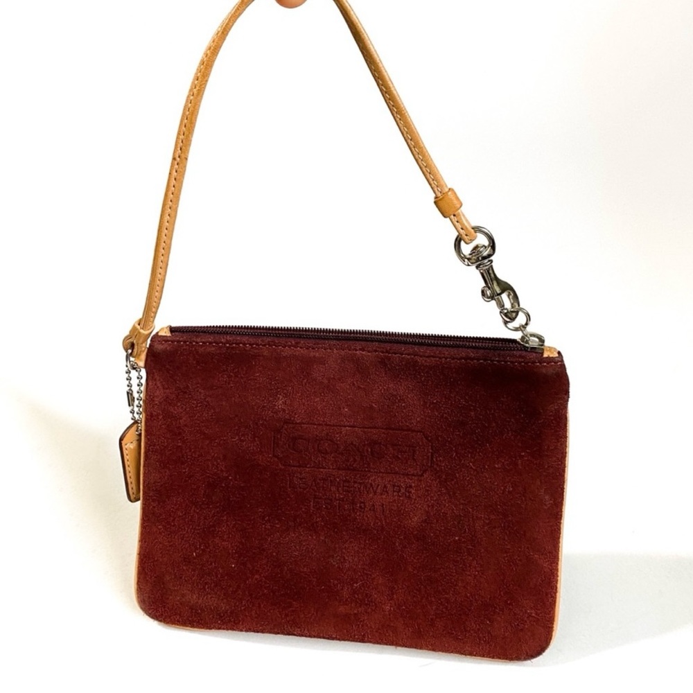 Coach Women's Corner Zip Wristlet W/ Logo Stamp suede deep burgundy wallet pouch